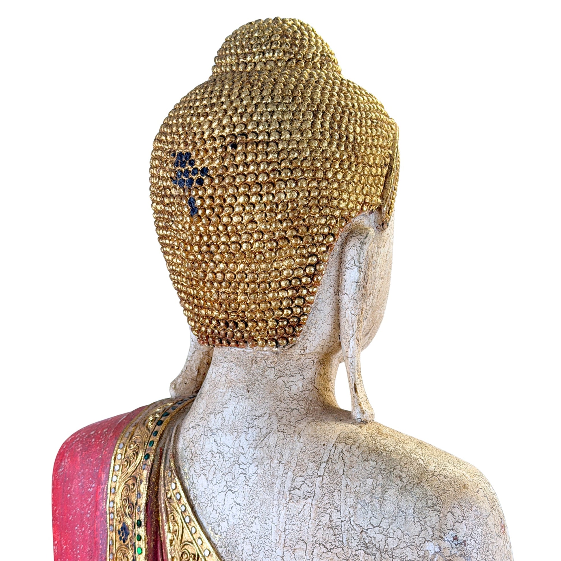Large Burmese Mandalay Buddha – Carved Wood & Glass, ca. 1970 – close view of the lower section