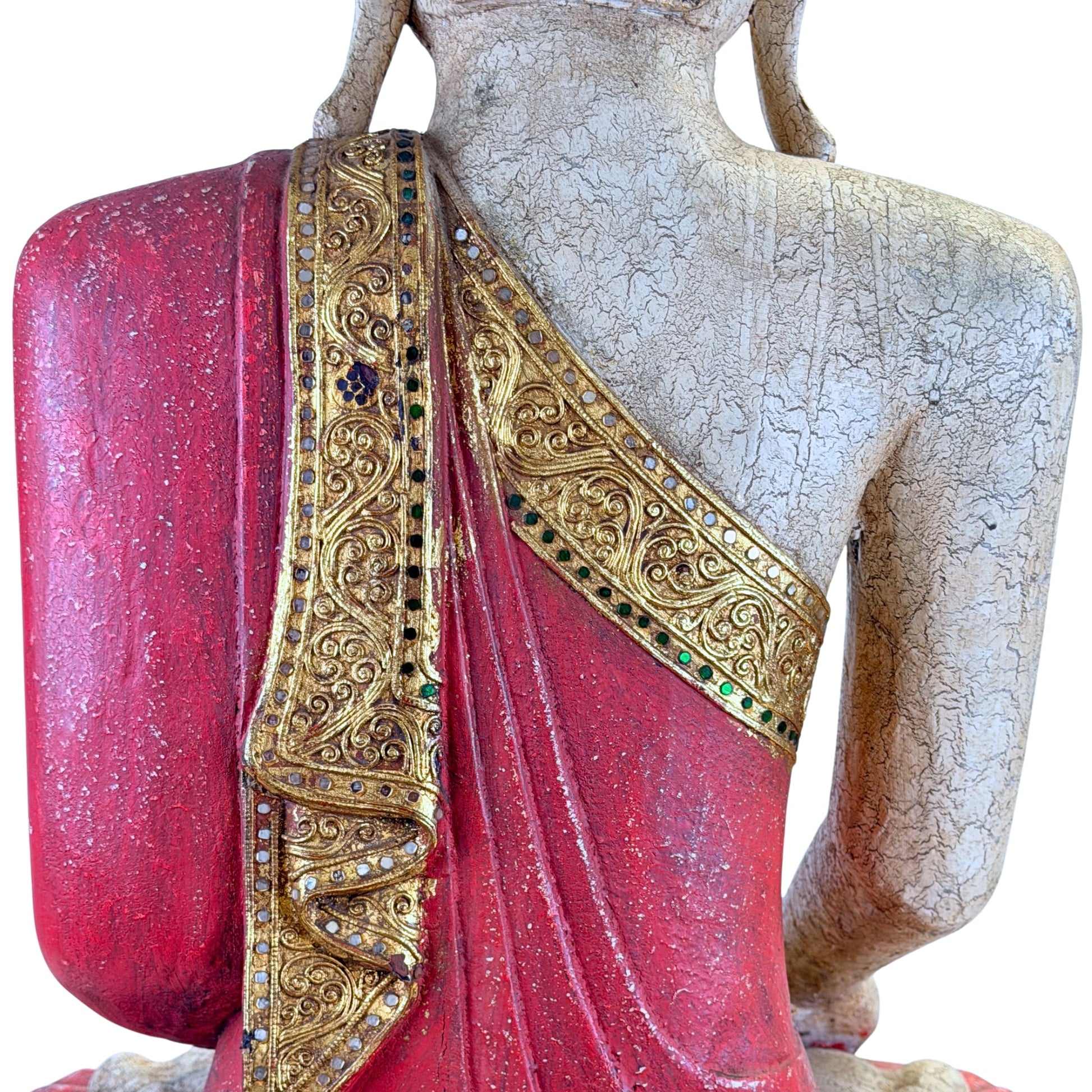 Large Burmese Mandalay Buddha – Carved Wood & Glass, ca. 1970 – decorative detail