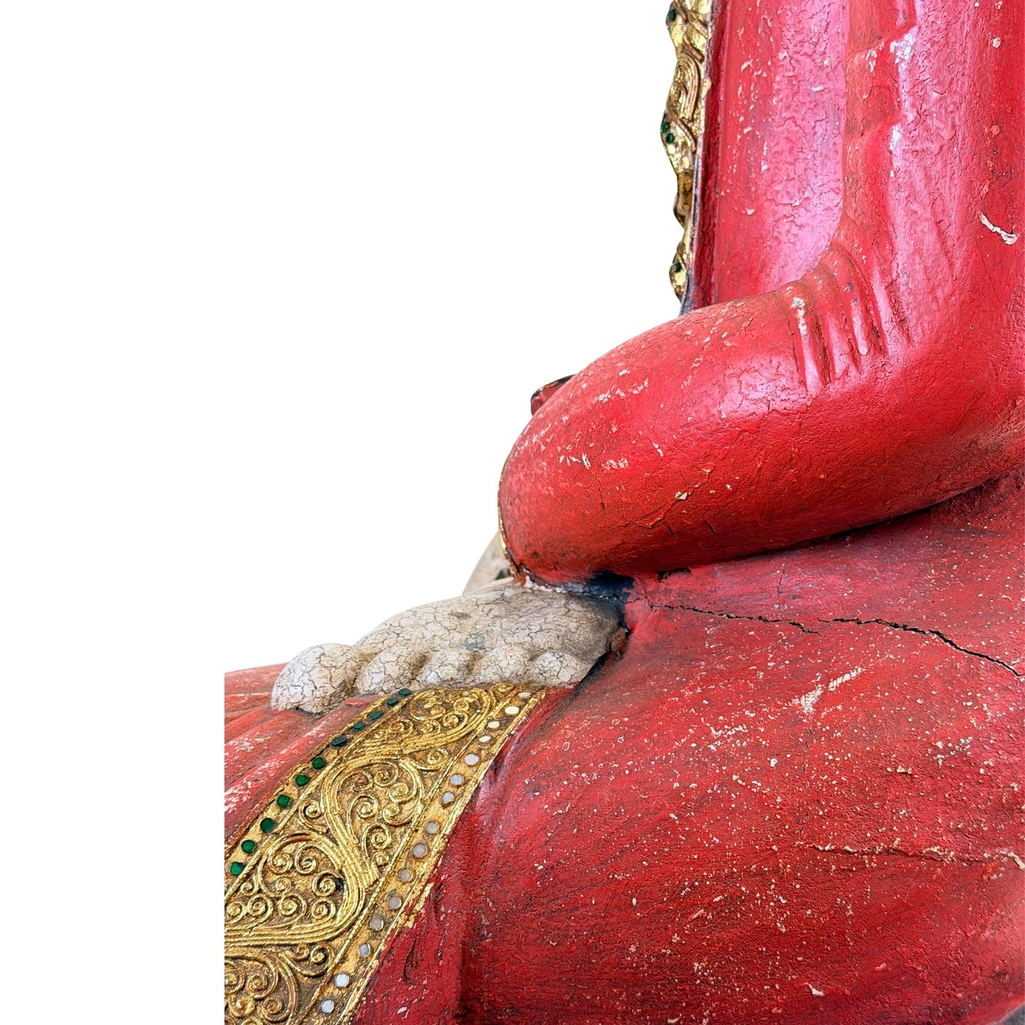 Large Burmese Mandalay Buddha – Carved Wood & Glass, ca. 1970 – edge and contour detail