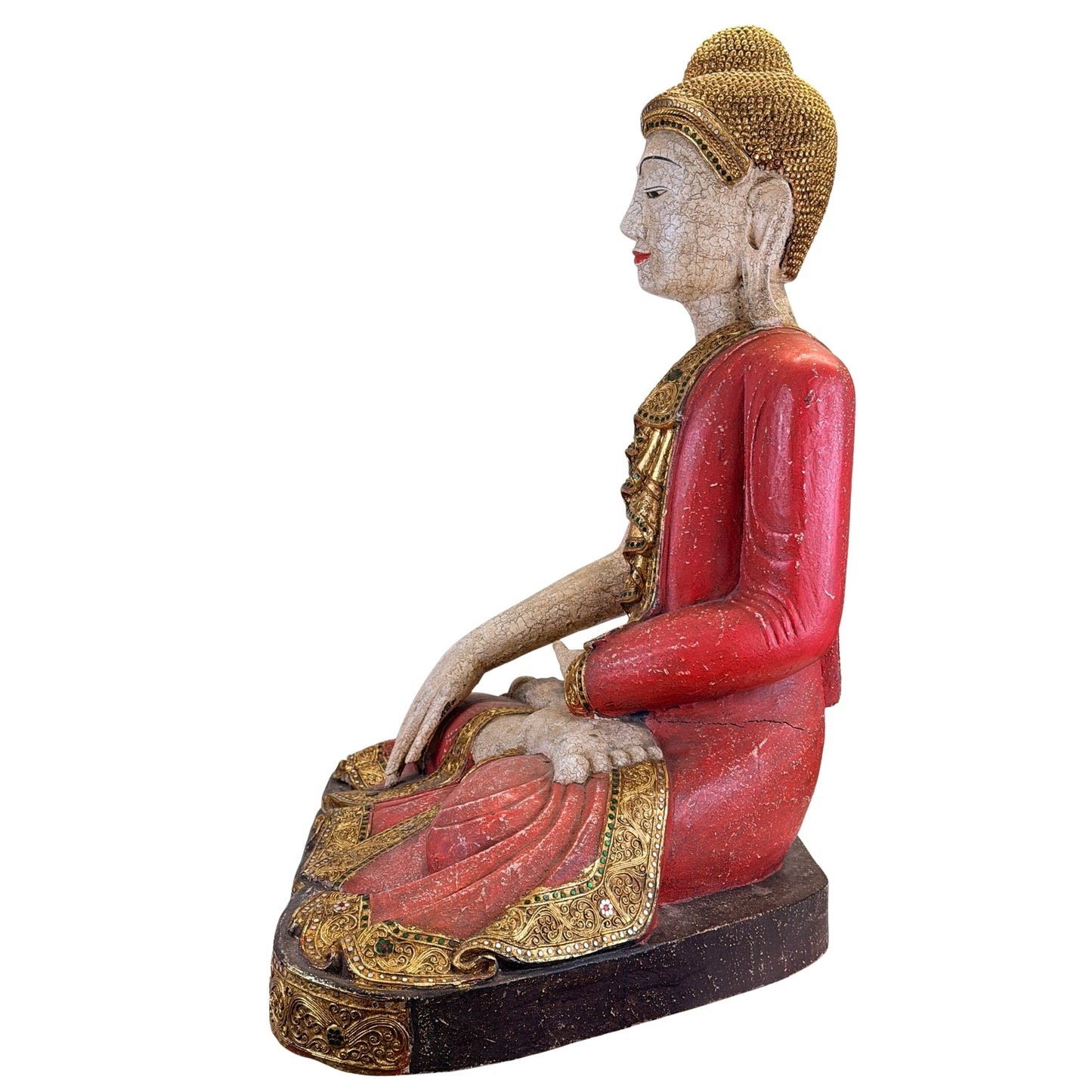Large Burmese Mandalay Buddha – Carved Wood & Glass, ca. 1970 – close object detail