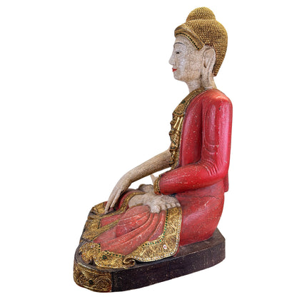 Large Burmese Mandalay Buddha – Carved Wood & Glass, ca. 1970 – close object detail