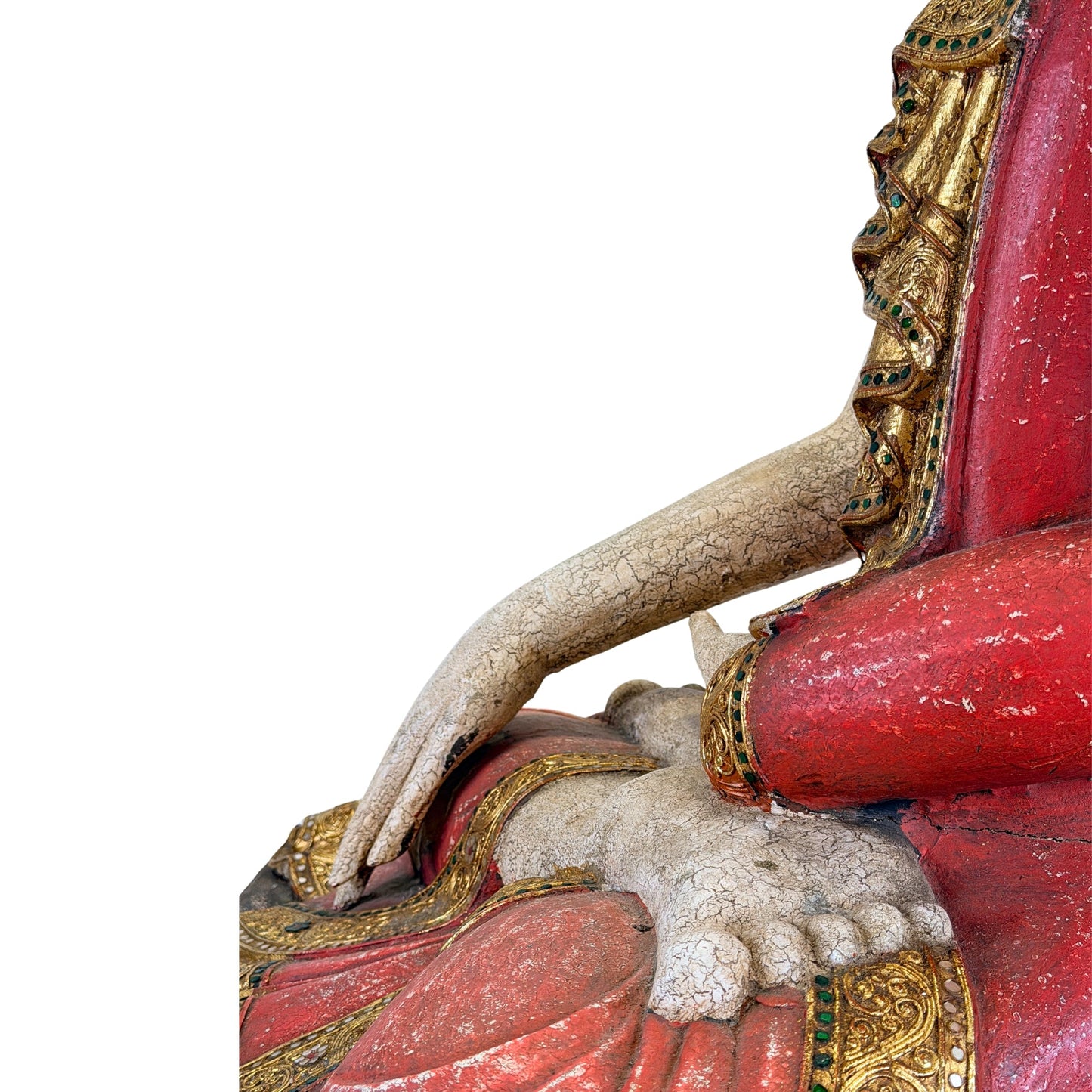 Large Burmese Mandalay Buddha – Carved Wood & Glass, ca. 1970 – additional front detail