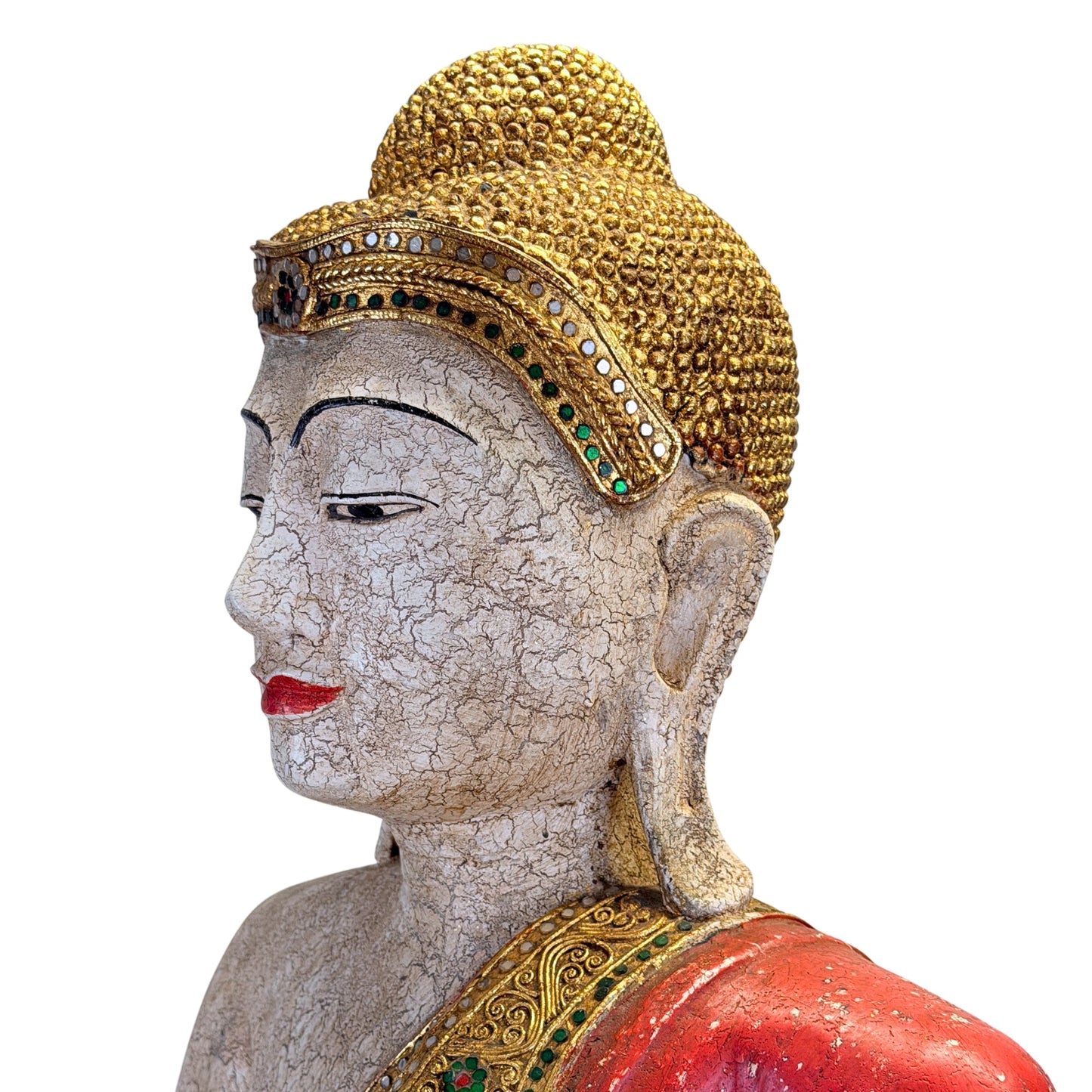 Large Burmese Mandalay Buddha – Carved Wood & Glass, ca. 1970 – additional rear detail
