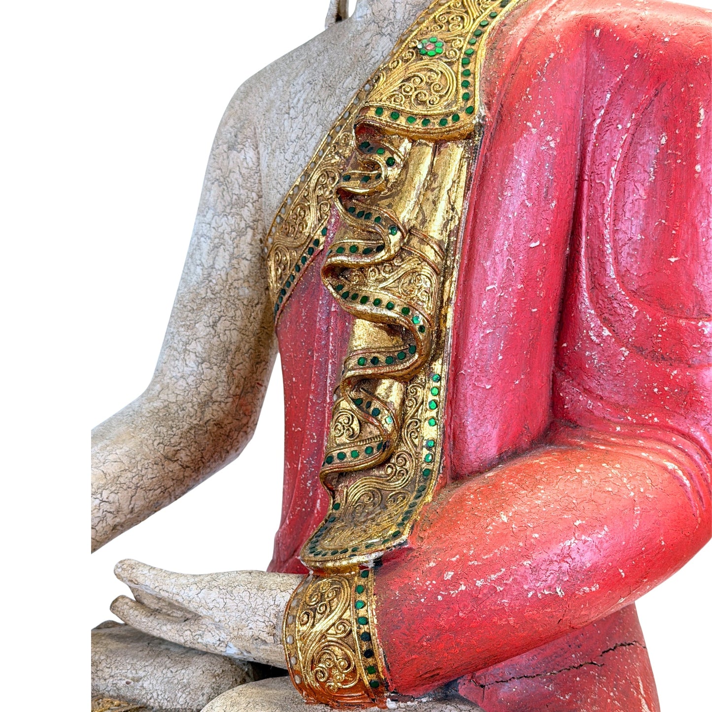 Large Burmese Mandalay Buddha – Carved Wood & Glass, ca. 1970 – additional surface detail