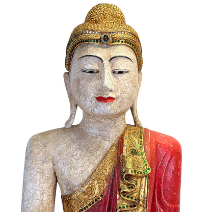 Large Burmese Mandalay Buddha – Carved Wood & Glass, ca. 1970 – three-quarter front view