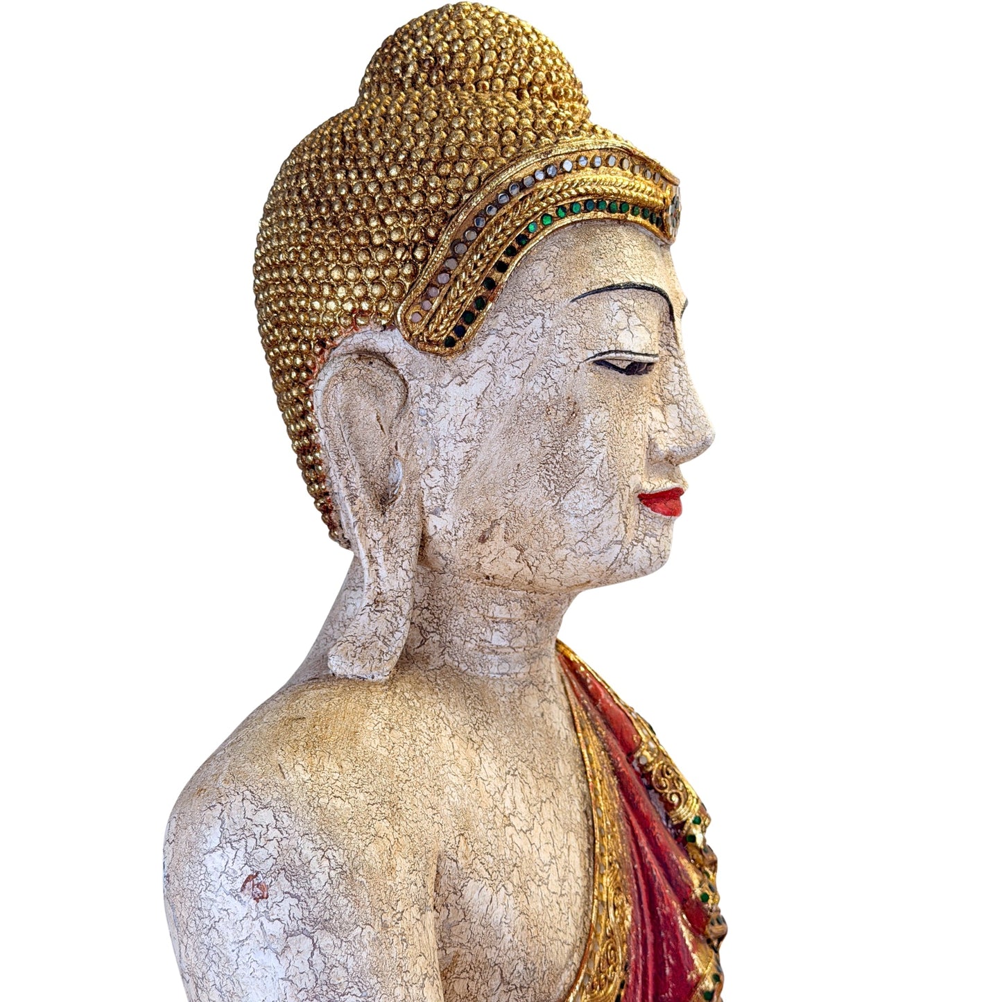 Large Burmese Mandalay Buddha – Carved Wood & Glass, ca. 1970 – right three-quarter rear view