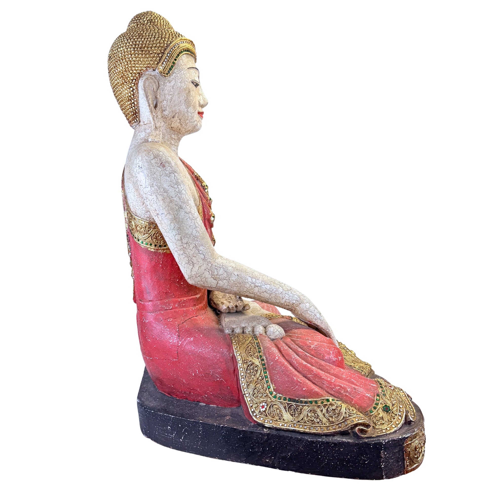 Large Burmese Mandalay Buddha – Carved Wood & Glass, ca. 1970 – opposite three-quarter front view