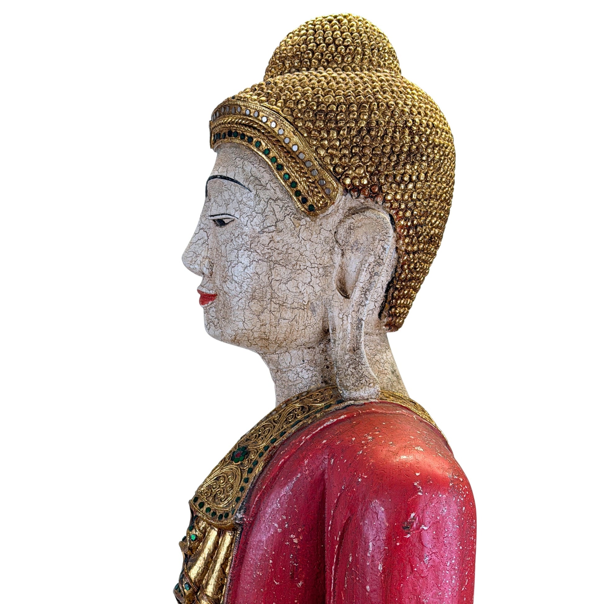 Large Burmese Mandalay Buddha – Carved Wood & Glass, ca. 1970 – full object display view