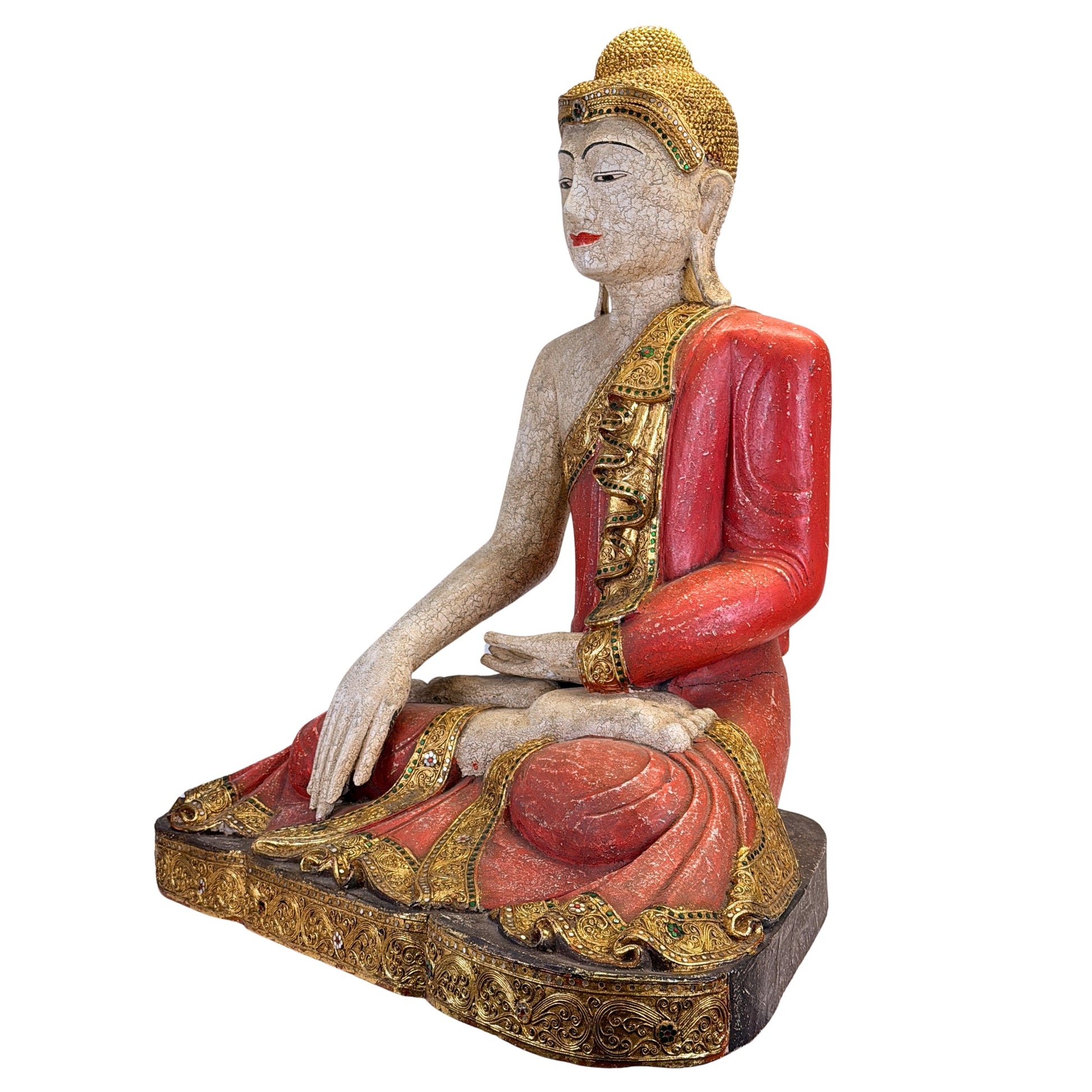 Large Burmese Mandalay Buddha – Carved Wood & Glass, ca. 1970 – additional side detail