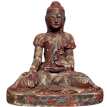 Large Burmese Mandalay Buddha – Gilt Wood & Mirror Inlay, 80 cm – front view