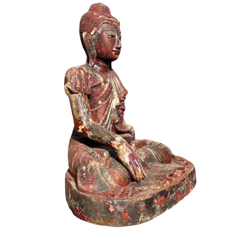 Large Burmese Mandalay Buddha – Gilt Wood & Mirror Inlay, 80 cm – left-side view