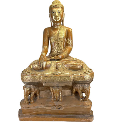 Large Burmese Shan-Style Buddha on Elephant Throne – Wood, 95.5 cm – front view