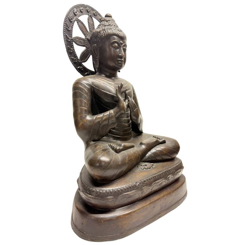 Large Burmese Teaching Buddha – Bronze, Dharmachakra Mudra, 55 cm – left three-quarter rear view