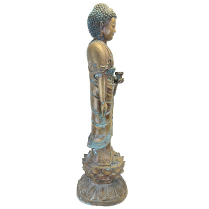 Right-side view of the Chinese Medicine Buddha standing on a double lotus base
