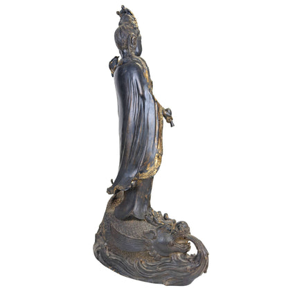 Large East Asian Guanyin on Dragon-Fish – Bronze, 64 cm – right three-quarter rear view