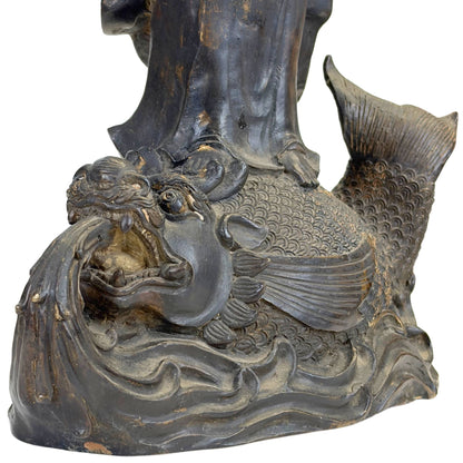 Large East Asian Guanyin on Dragon-Fish – Bronze, 64 cm – reverse surface detail