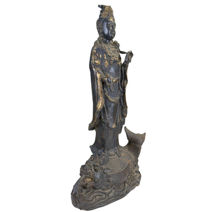 Large East Asian Guanyin on Dragon-Fish – Bronze, 64 cm – three-quarter front view