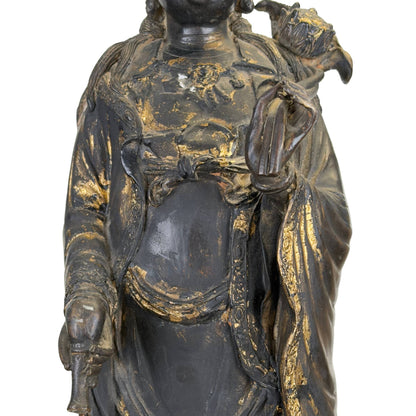 Large East Asian Guanyin on Dragon-Fish – Bronze, 64 cm – profile and silhouette detail