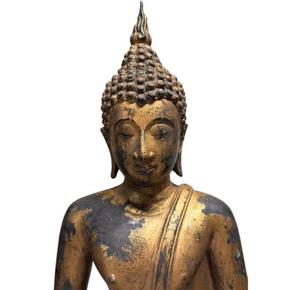 Large Old Thai Buddha – Bronze with Gilt Traces, 59 cm – close view of the upper section