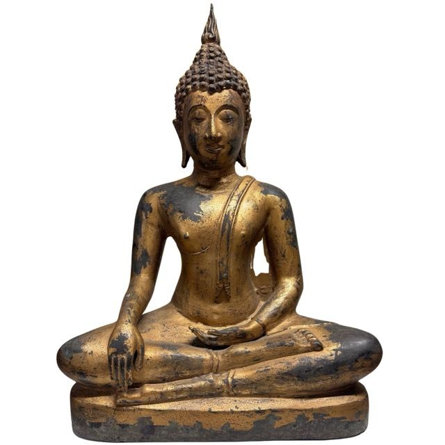 Large Old Thai Buddha – Bronze with Gilt Traces, 59 cm – front view