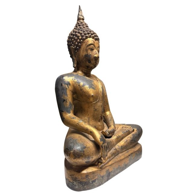 Large Old Thai Buddha – Bronze with Gilt Traces, 59 cm – three-quarter front view