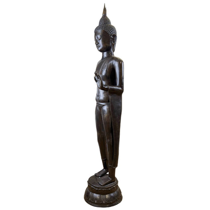 Large Walking Buddha – Bronze, Sukhothai Style, 117 cm – right three-quarter rear view