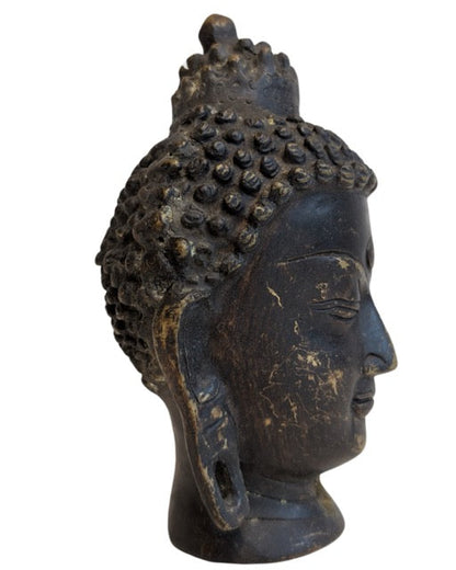 Tightly curled hair on the vintage bronze Buddha head