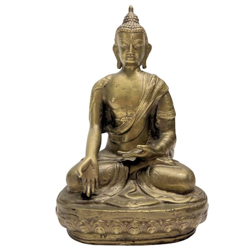 Late Qing Chinese bronze Buddha with Shou medallions, front view