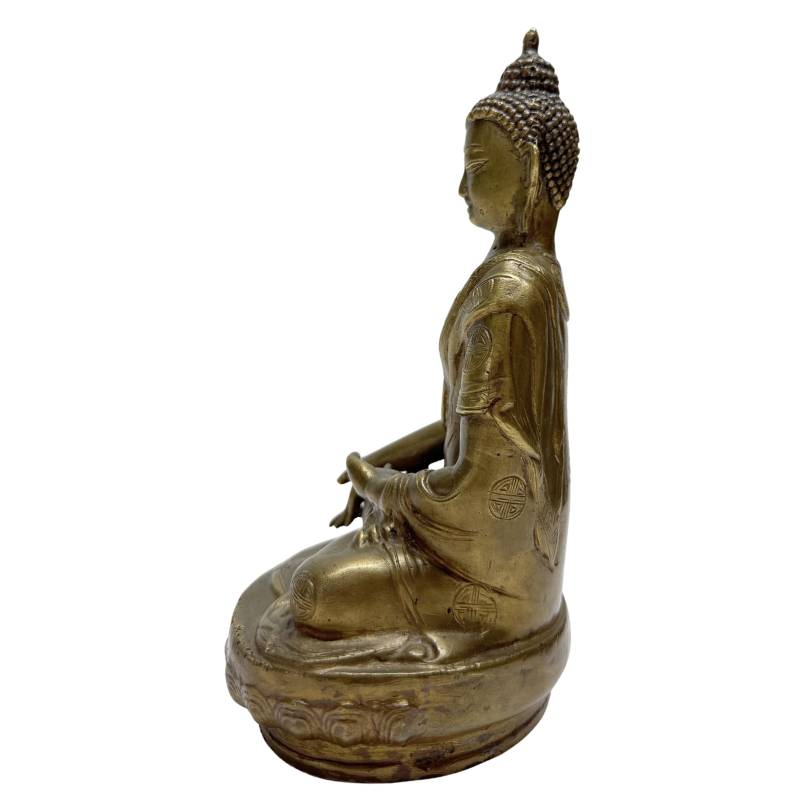 Opposite side view of seated Chinese bronze Buddha