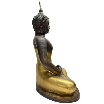 Side angle of seated Chinese bronze Buddha with hands in meditation