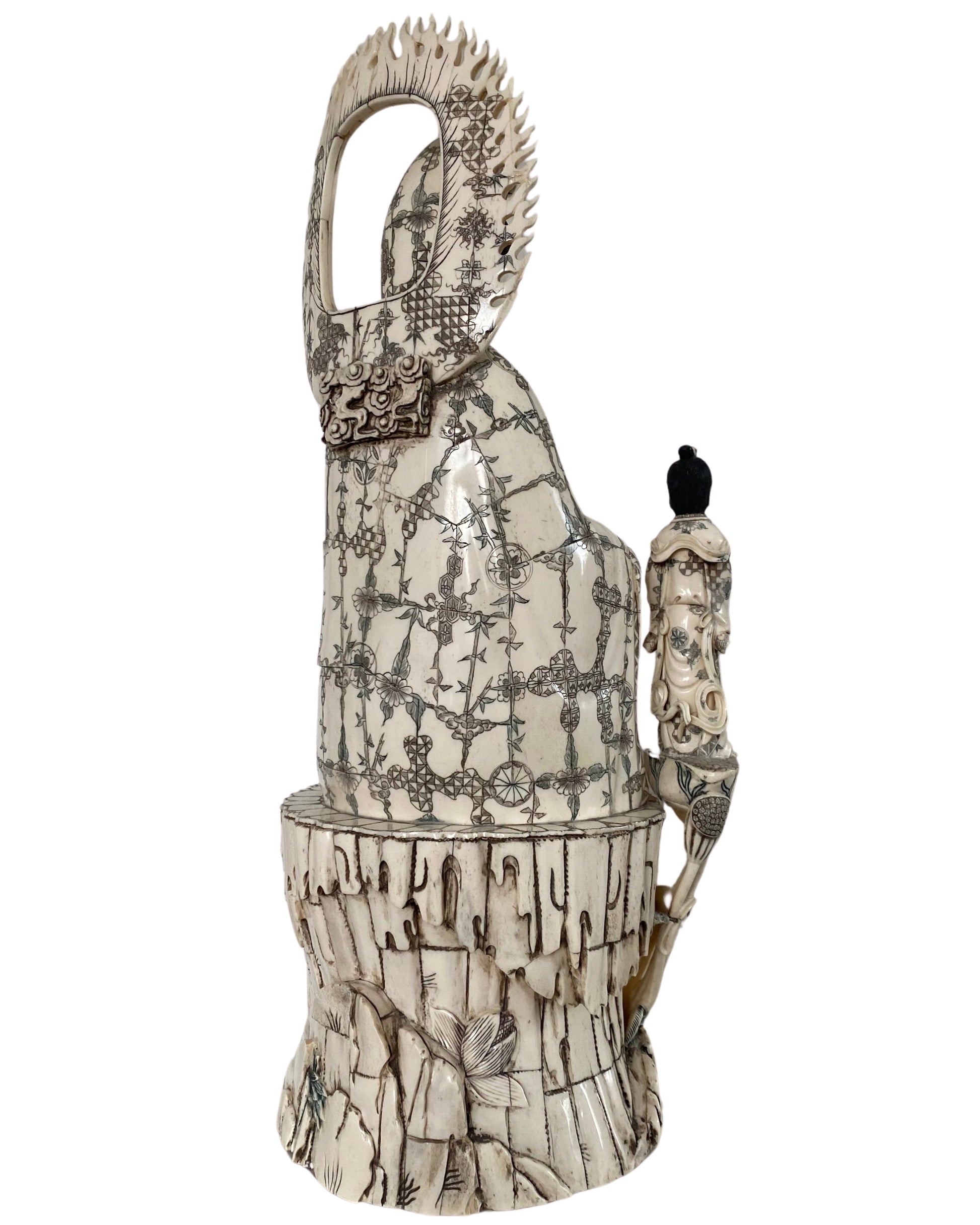 Late Qing Chinese Guanyin showing finely carved bone surfaces and ornament