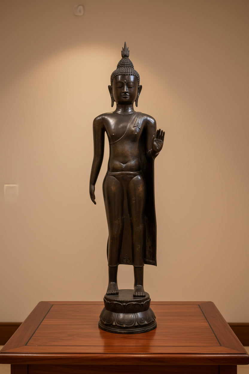 Levensgrote bronzen wandelende Boeddha in Thaise Sukhothai stijl