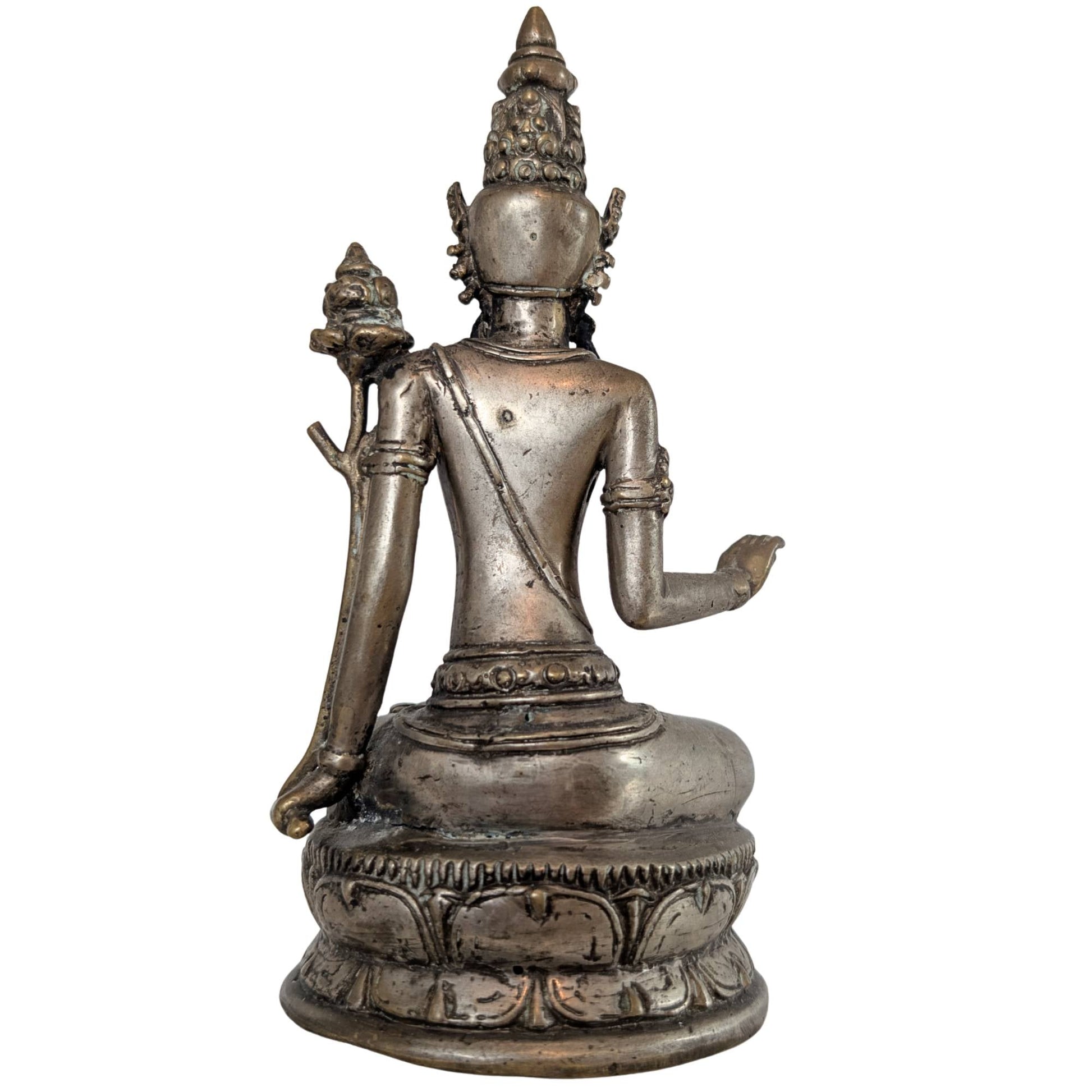 Linker zijaanzicht met focus op de symbolische lotusbloem en de meditatieve houding.