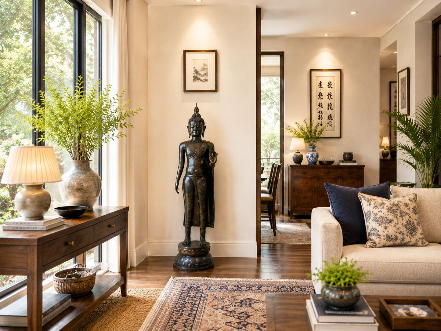 Exclusieve wandelende Boeddha sculptuur in donker brons