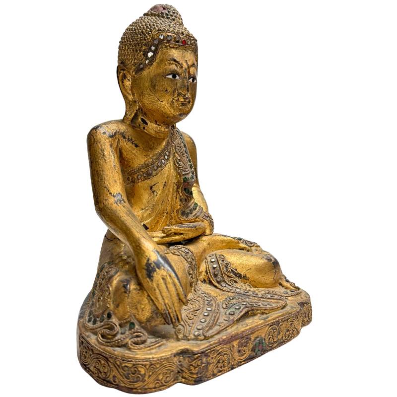 Authentiek Birmees Boeddhabeeld van massief hout met bladgoud en Thayo reliëfpasta, uniek verzamelobject en spirituele decoratie.