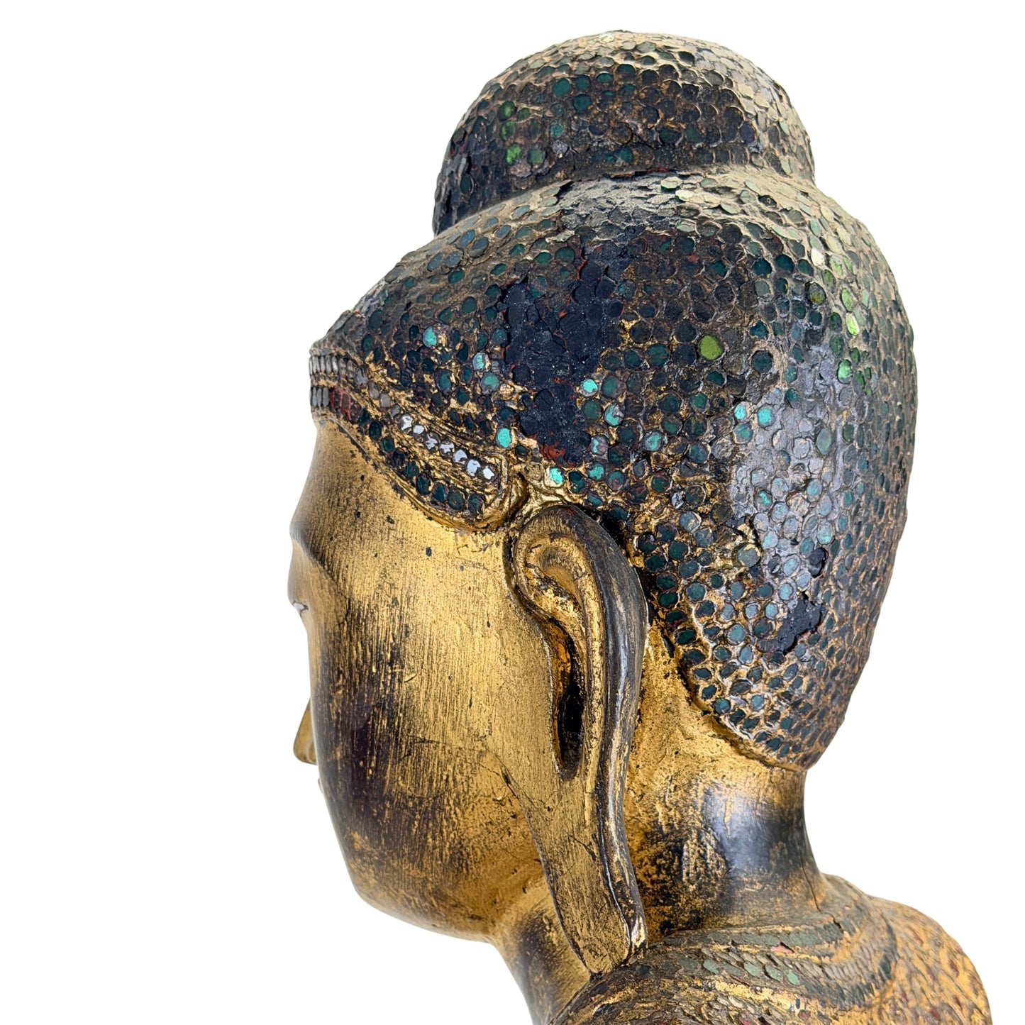 Traditional mirrorwork detail on the antique Burmese Mandalay Buddha