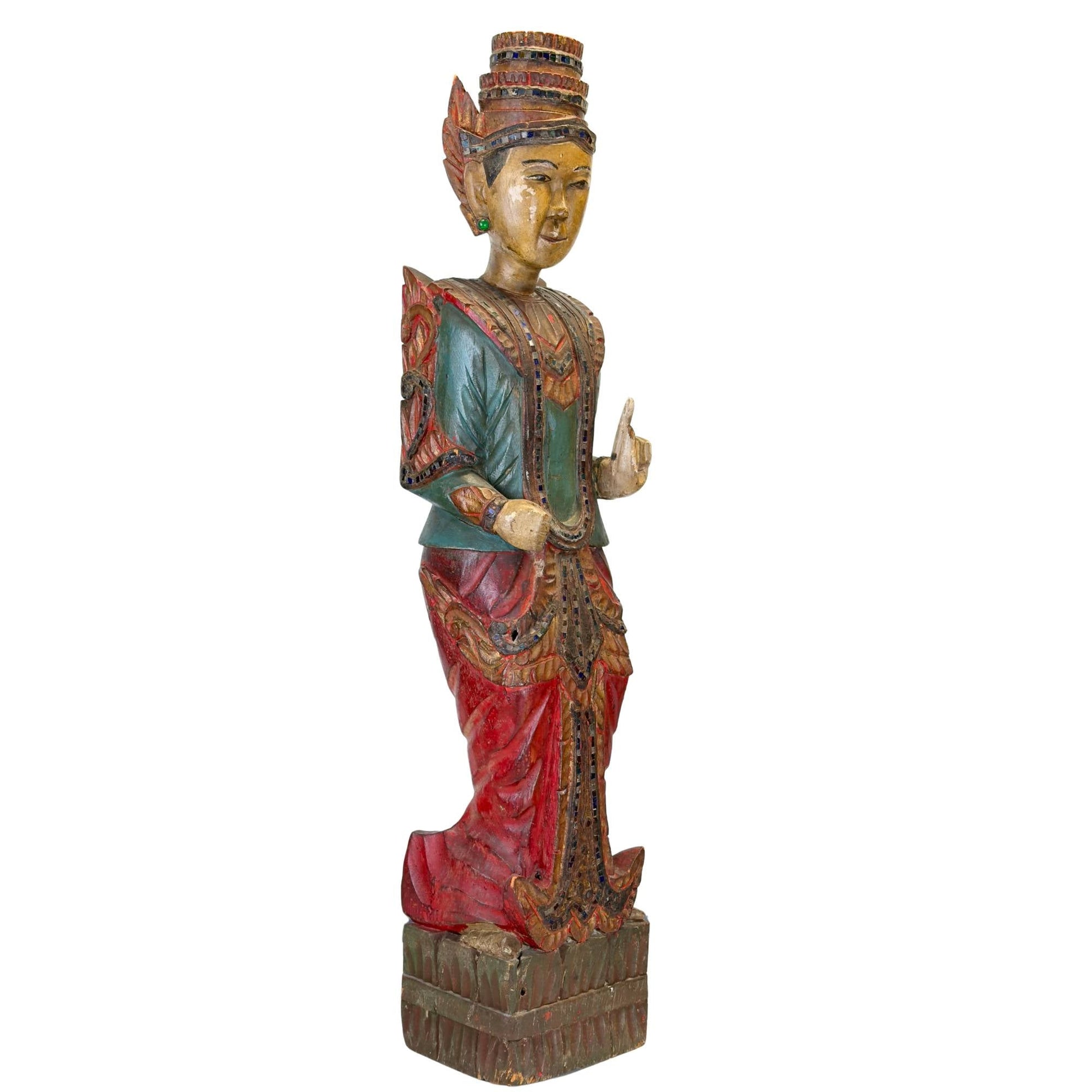 Handgesneden Deva figuur in traditionele Mandalay stijl uit Birma