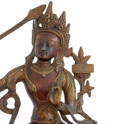 Antique Tibetan Manjushri – Bronze with Gilt Traces, 32 cm – close view of the upper section