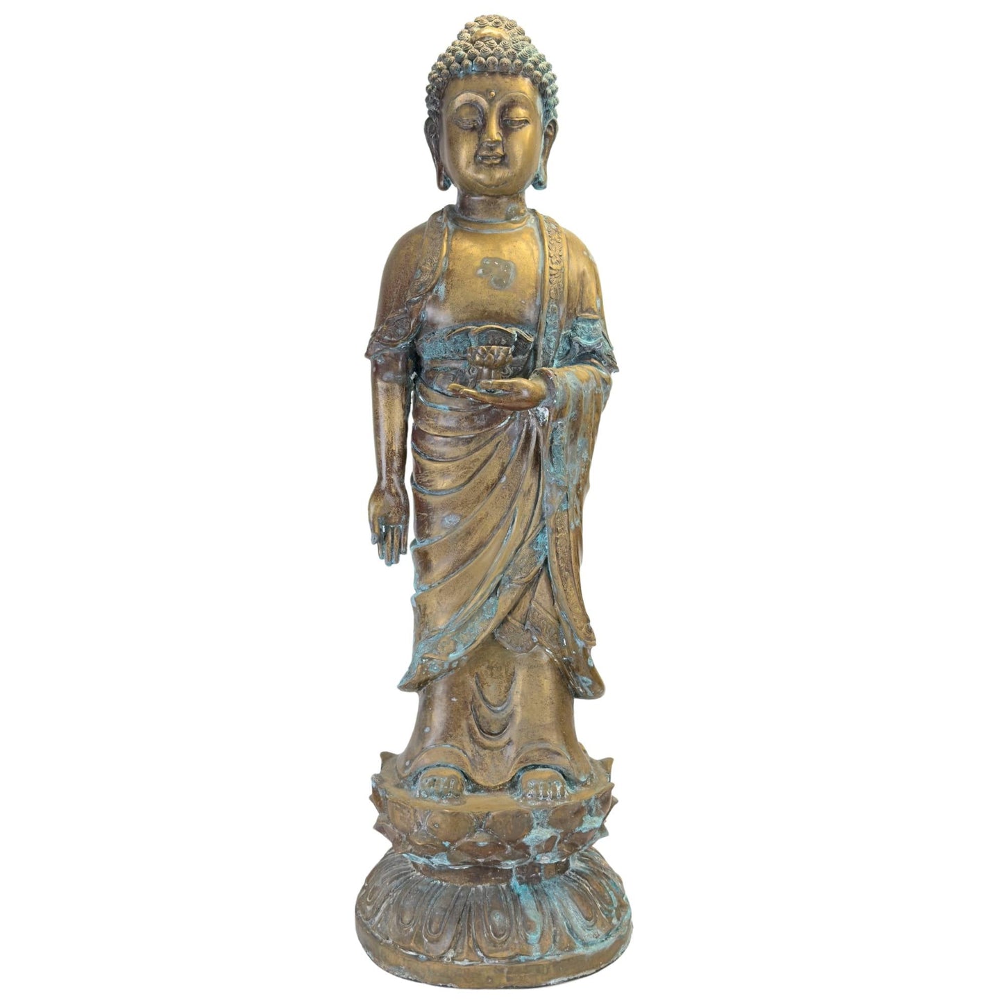 Staande bronzen Medicijnboeddha uit China met natuurlijke patina op lotustroon.