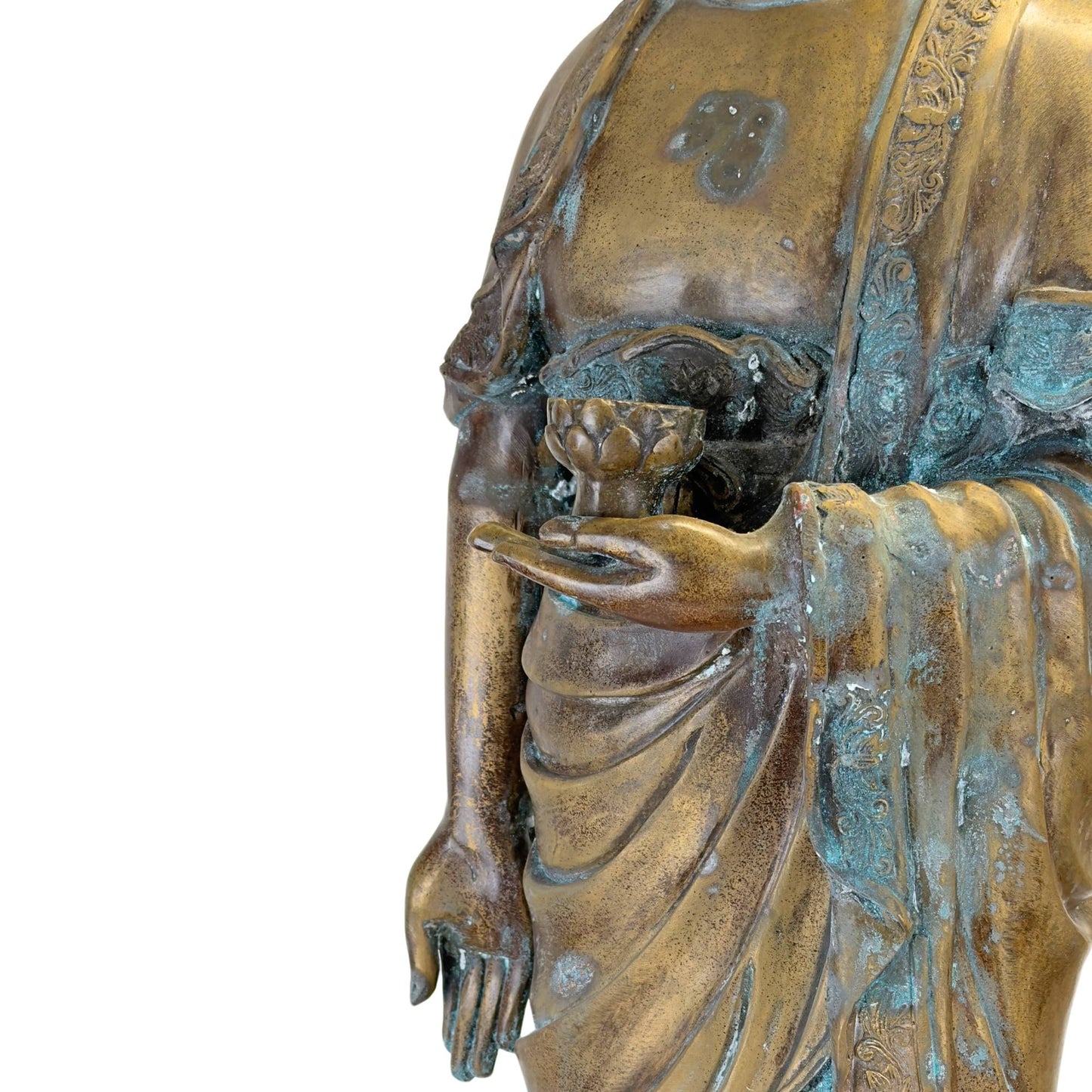 Detail van de medicijnkom in de hand van de bronzen Medicijnboeddha.