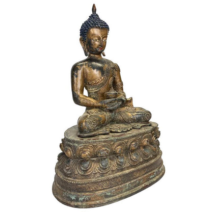 Medicine Buddha – Gilt Bronze, Tibetan Style, 29 cm – three-quarter front view