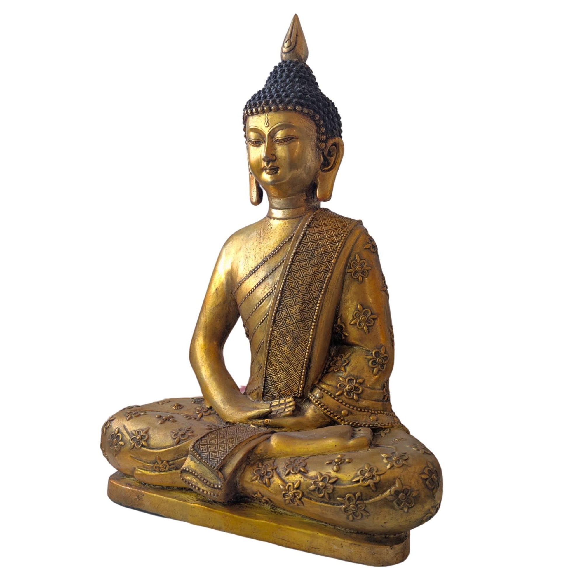 Klassieke Tibet Buddha in meditatieve zithouding met focus op het Mudra-gebaar van innerlijke rust.