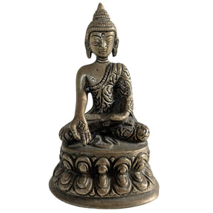 Antiek Messing Boeddha Beeldje (10cm) – Bhumisparsha Mudra & Swastika – Nepal