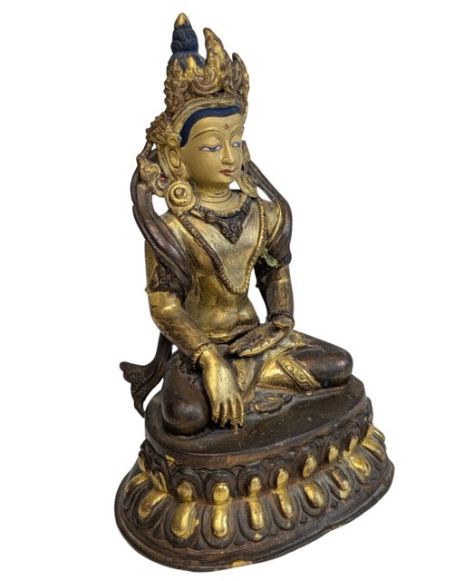 Green Tara bronze with ornate crown and fire-gilt details