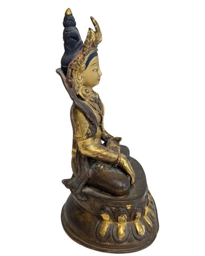 Seated Green Tara with jewellery and layered lotus pedestal