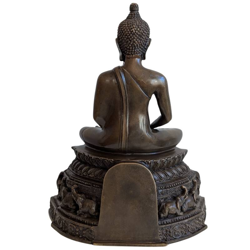 Rear view of Thai bronze Buddha and fully modelled architectural pedestal