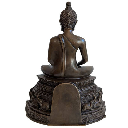 Rear view of Thai bronze Buddha and fully modelled architectural pedestal