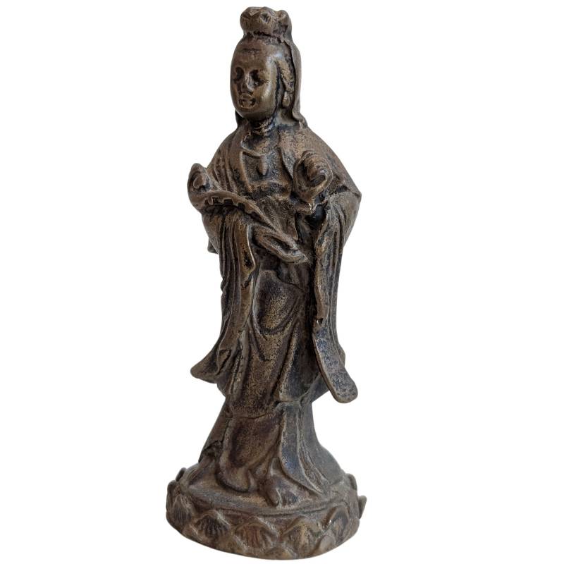 Front view of the mid-20th-century Chinese bronze Guanyin standing on a lotus base
