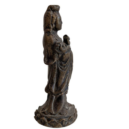 Right profile of the small Chinese bronze Guanyin on a lotus pedestal