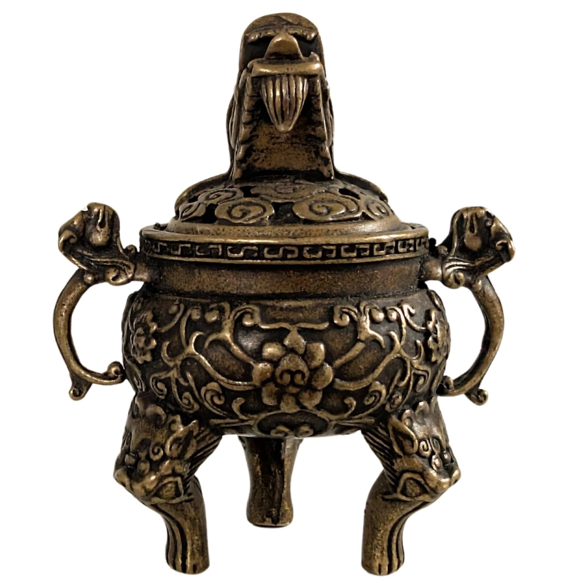 Miniatuur Chinese bronzen wierookbrander met drakenkop op het deksel van 1stbuddha.